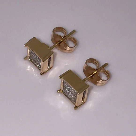 Solid Stamped 14K Yellow Gold Natural Diamond Stud Earrings Unisex Men Women